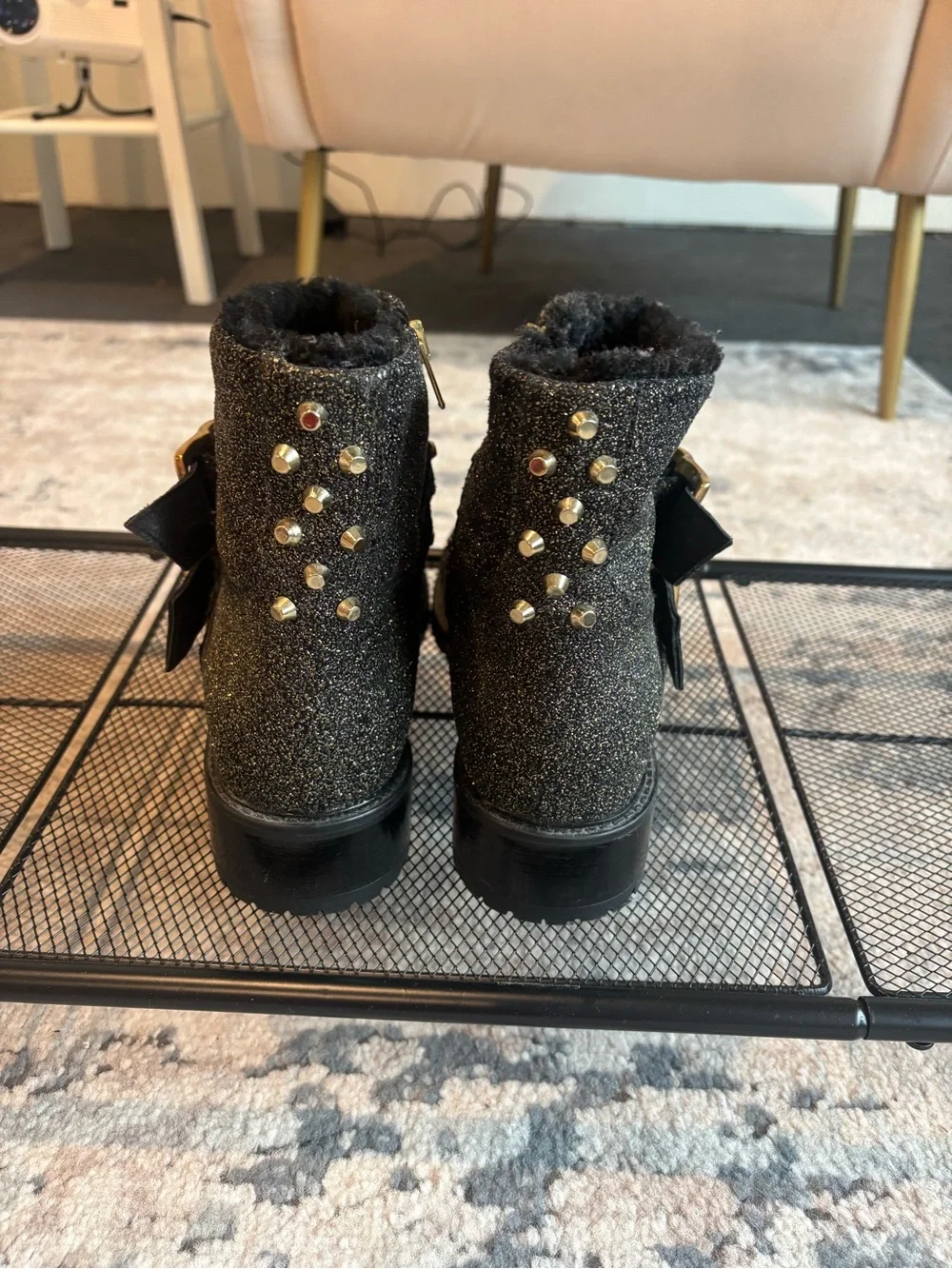 Girls' Black Glitter Fur-Lined Ankle Boots with Gold Stud Accents